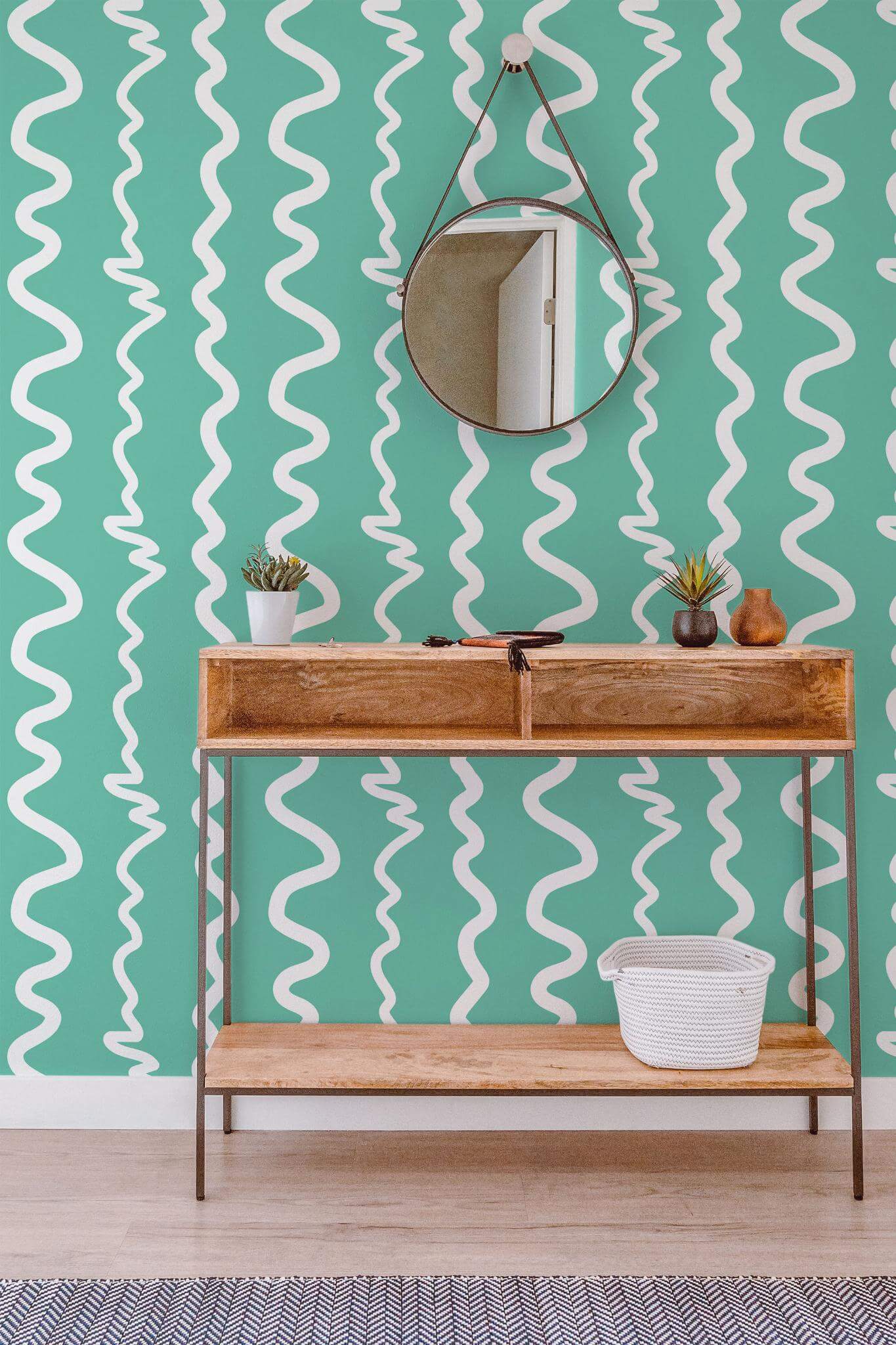 Green and White Striped Wallpaper