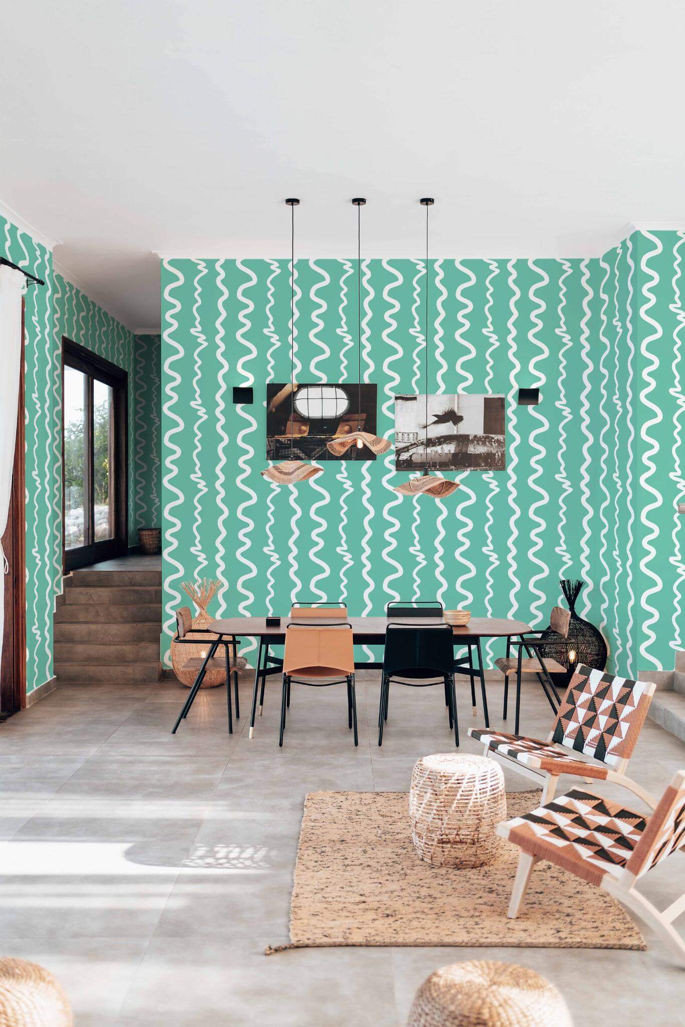 Green and White Striped Wallpaper